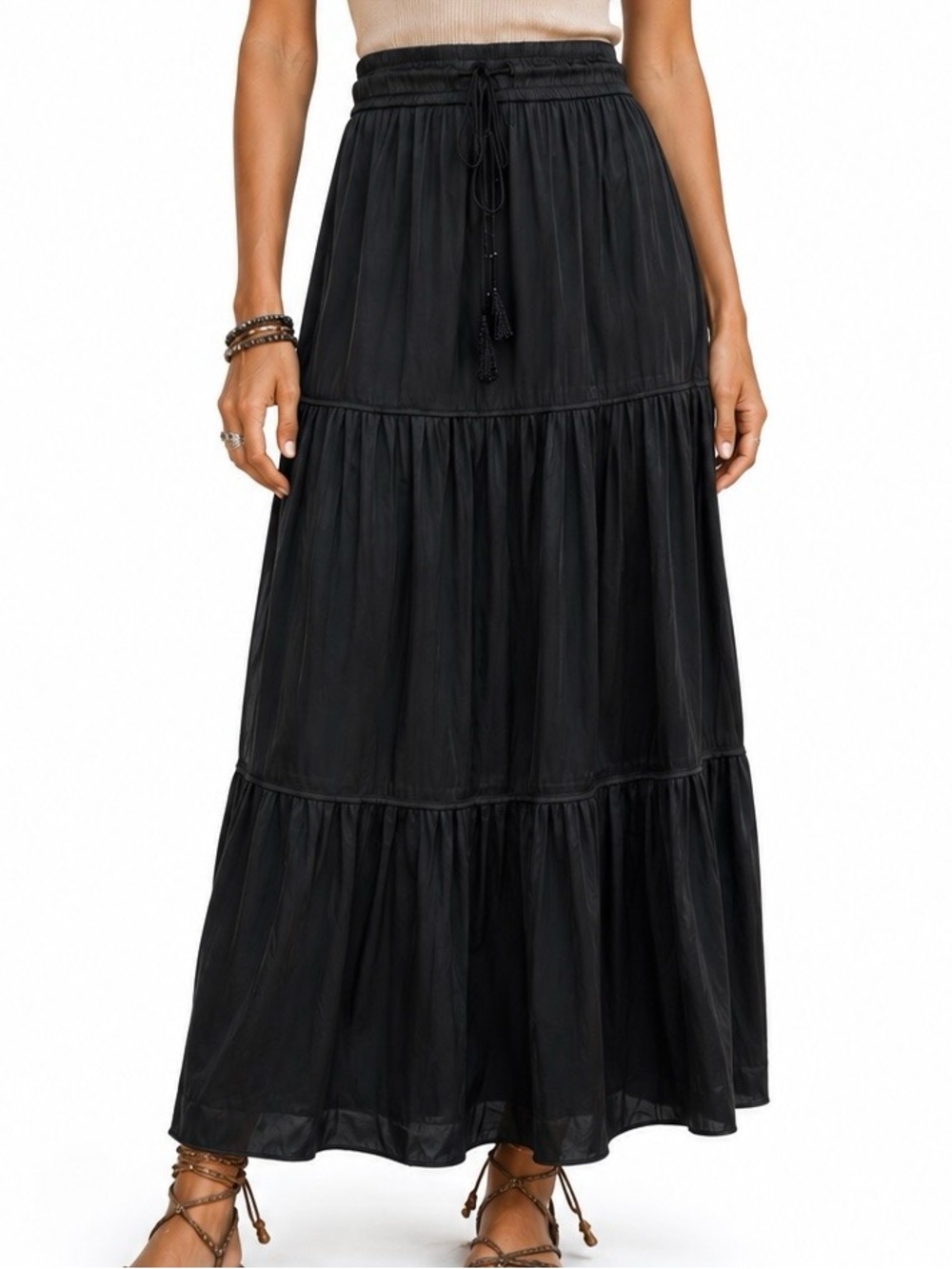 Joie Black Satin Tiered Maxi Skirt Tassel Drawstring NWT L